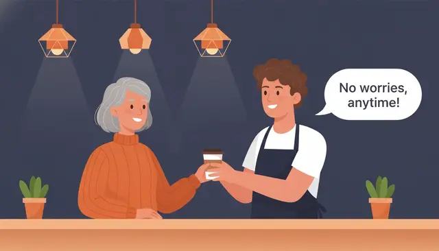 Kafede bir kadın, bardağını uzatan genç barmene gülümseyerek teşekkür ediyor, barmen de cevap veriyor
