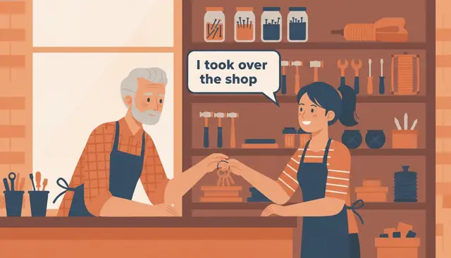 Aile dükkânının anahtarlarını kızına uzatan yaşlı bir baba ve 'I took over the shop' yazan konuşma balonu