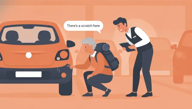 Havalimanı otoparkında orta yaşlı bir kadın, kiralama görevlisiyle birlikte kiralık aracın tamponundaki çiziği inceliyor