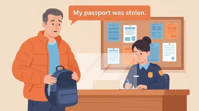 Yurt dışında bir karakolun danışma masasında boş sırt çantasını gösterip pasaportunun çalındığını görevliye anlatan orta yaşlı bir turist