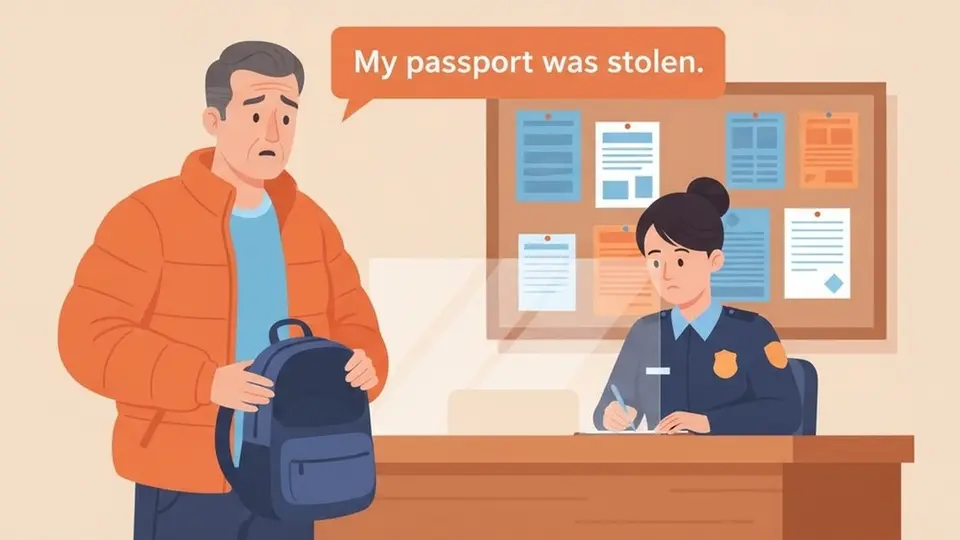 Yurt dışında bir karakolun danışma masasında boş sırt çantasını gösterip pasaportunun çalındığını görevliye anlatan orta yaşlı bir turist