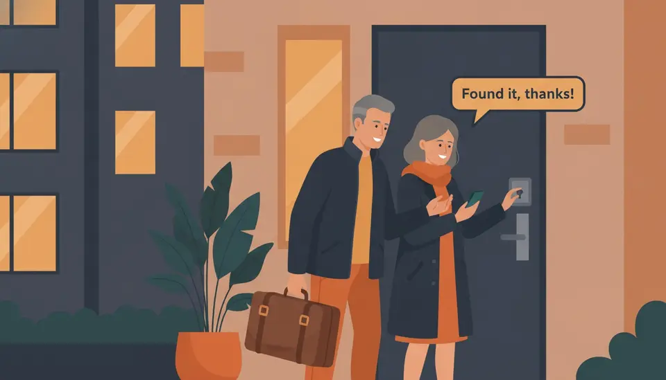 Akşam saatinde bir apartman kapısının önünde valizli orta yaşlı bir çift; kadın telefonuna bakarak korkuluktaki şifreli anahtar kutusunu açıyor.