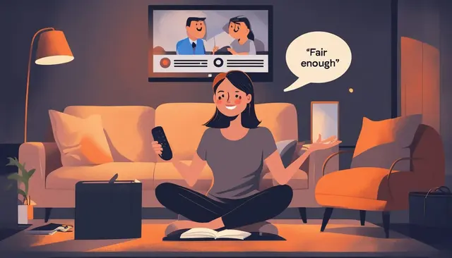 Kanepede oturan orta yaşlı bir kadın, televizyondaki sahneyi duraklatmış, kucağındaki deftere not alırken bir repliği sesli tekrar ediyor