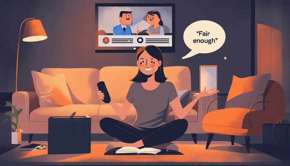Kanepede oturan orta yaşlı bir kadın, televizyondaki sahneyi duraklatmış, kucağındaki deftere not alırken bir repliği sesli tekrar ediyor