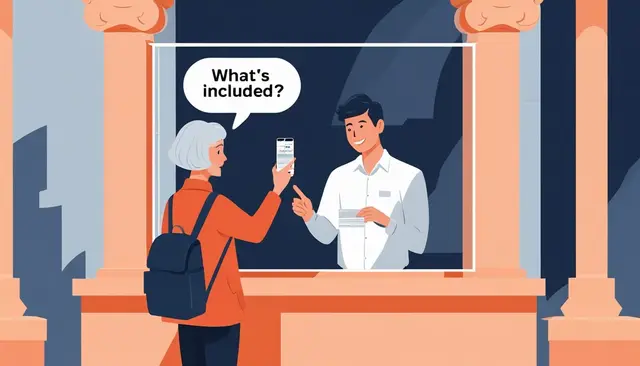 Müze gişesinde bilet görevlisiyle konuşan, elinde telefonundaki rezervasyonu tutan orta yaşlı bir kadın