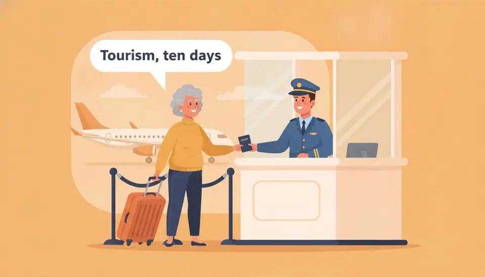 Havalimanı pasaport kontrolü kabininde, bavullu orta yaşlı bir kadın yolcunun memura pasaportunu uzatarak konuştuğu illüstrasyon