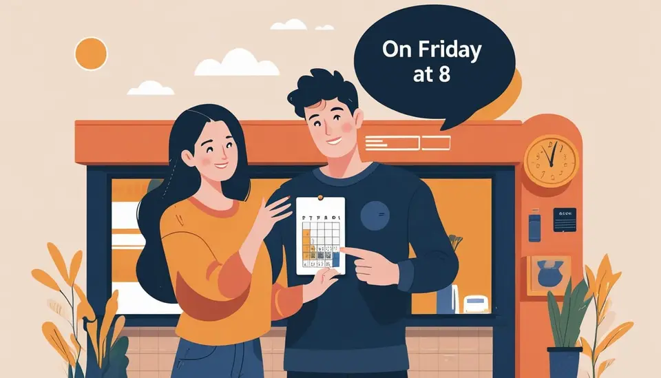 Otobüs durağında buluşan iki arkadaş, biri telefonunda takvimi gösteriyor, konuşma balonunda ‘on Friday at 8’ yazıyor
