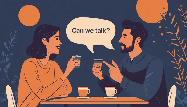 Kafede kahve eşliğinde sohbet eden iki arkadaş ve üzerinde Can we talk? yazan bir konuşma balonu