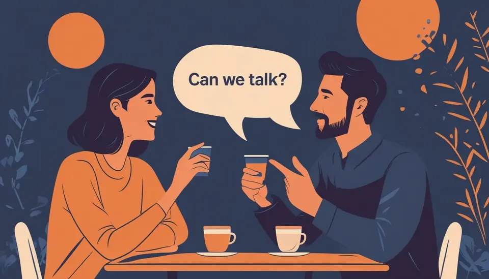 Kafede kahve eşliğinde sohbet eden iki arkadaş ve üzerinde Can we talk? yazan bir konuşma balonu